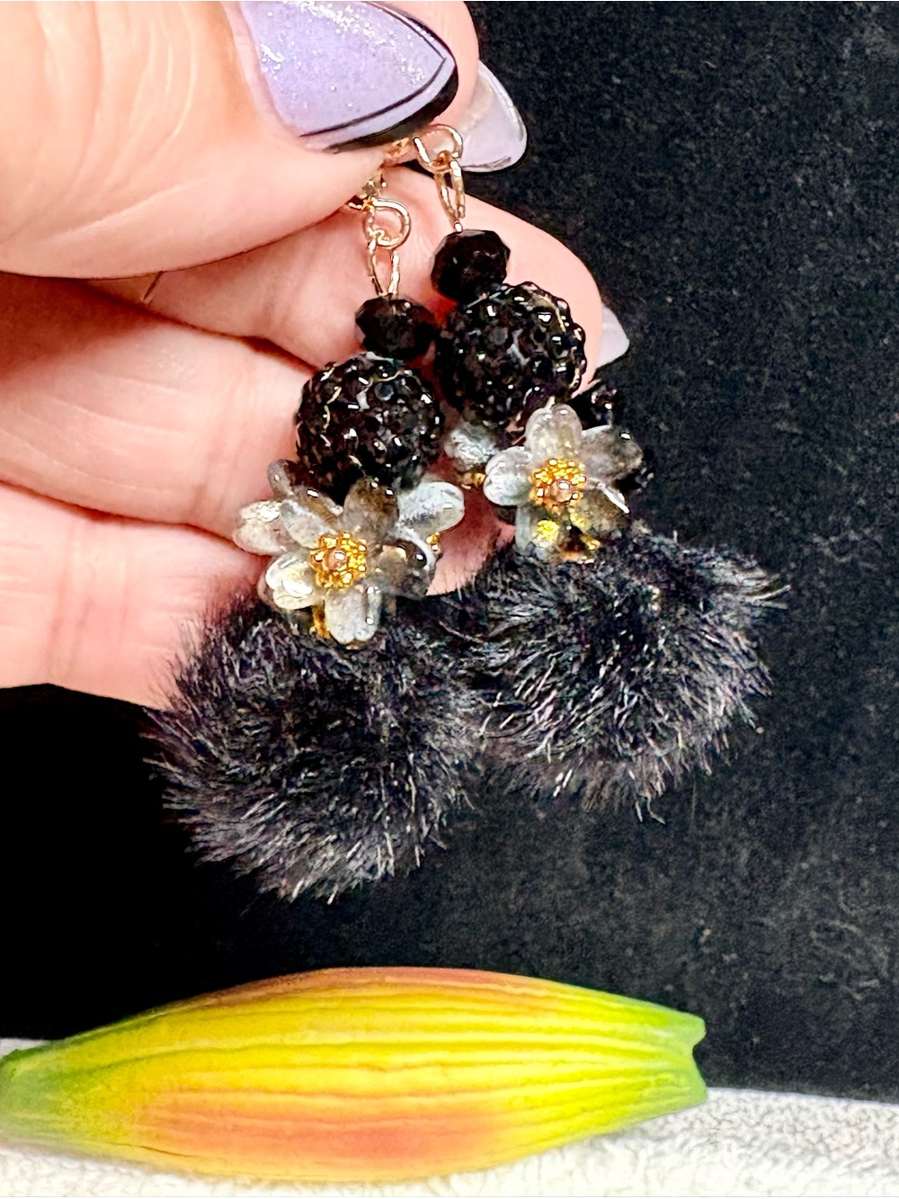 Black Floral Cluster Pom Drop Earrings - Women Jewelry
